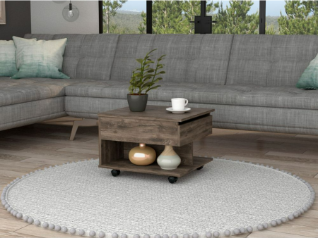 15  H dark brown oak coffee table, 4 brake wheels, lifting top that allows storage inside the table, 1 lower shelf and 1 vertical division that allows you to decorate with photos, and design books Online Sale