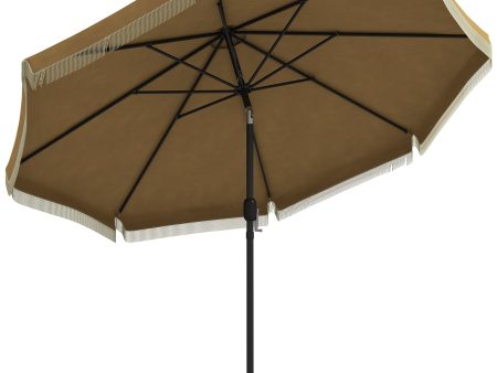 Outsunny 9ft Patio Umbrella with Push Button Tilt and Crank, Ruffled Outdoor Market Table Umbrella with Tassles and 8 Ribs, for Garden, Deck, Pool, Tan For Discount