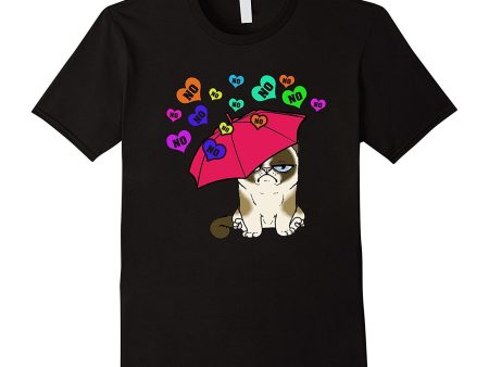 Grumpy Valentine s Day Cat amid raining No candy T-shirt Hot on Sale