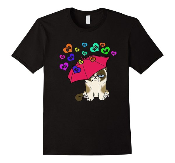 Grumpy Valentine s Day Cat amid raining No candy T-shirt Hot on Sale