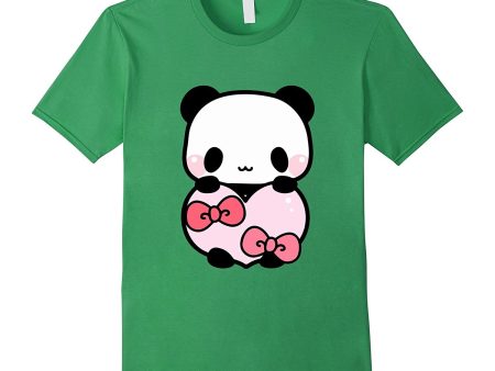 Cute Panda Holding Pink Heart T-Shirt Valentine Gift Ribbon Hot on Sale