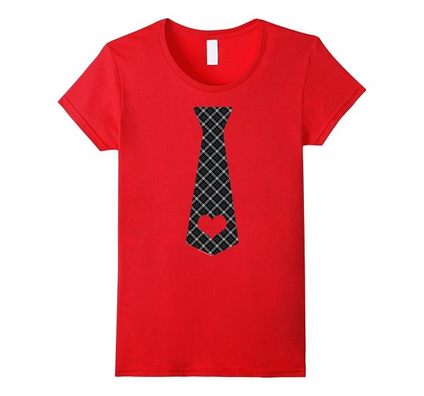 Cute Red Plaid Necktie Heart Cool Valentines Day T Shirt Hot on Sale