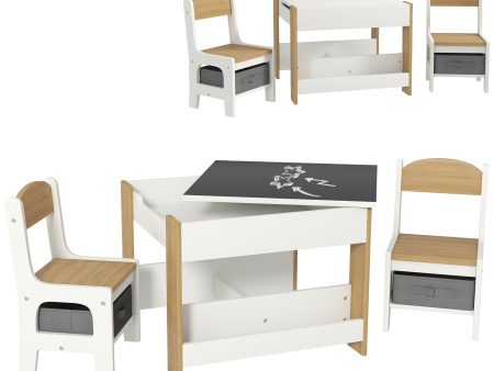 Qaba 3 Piece Kids Table and Chair Set, 2 in 1 Toddler Table and Chair Set with Reversible Tabletop Blackboard, Storage & Bookshelves for Playroom, Nursery, Gray Fashion