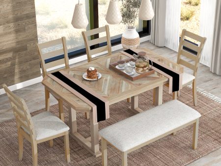 TREXM 6-Piece Rubber Wood Dining Table Set with Beautiful Wood Grain Pattern Tabletop Solid Wood Veneer and Soft Cushion (Natural Wood Wash) Supply