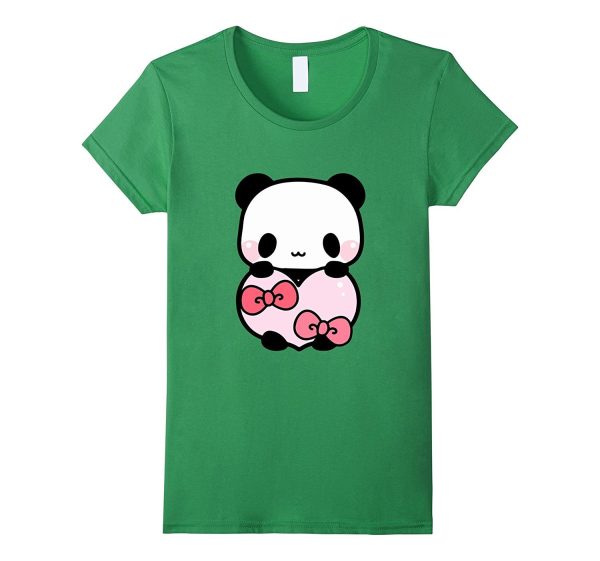 Cute Panda Holding Pink Heart T-Shirt Valentine Gift Ribbon Hot on Sale