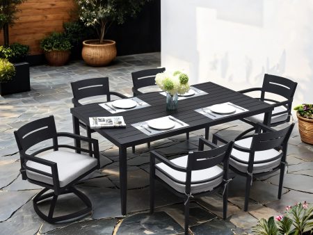 7-Piece Outdoor Patio Aluminum Furniture, Modern Dining Set, including 4 Dining Chairs & 2 Swivel Rockers Sunbrella Fabric Cushioned and Rectangle Dining Table with Umbrella Hole, Ember Black Supply