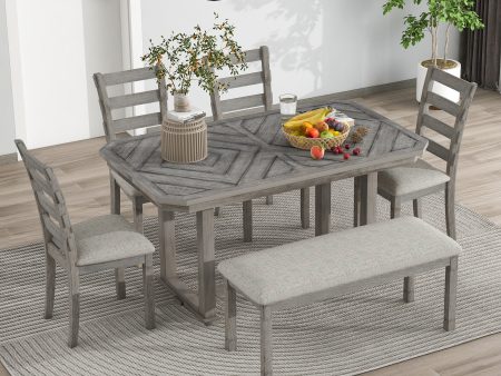 TREXM 6-Piece Rubber Wood Dining Table Set with Beautiful Wood Grain Pattern Tabletop Solid Wood Veneer and Soft Cushion (Gray) Online Sale