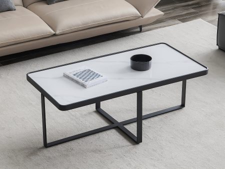 Minimalism rectangle coffee table,Black metal frame with sintered stone tabletop on Sale