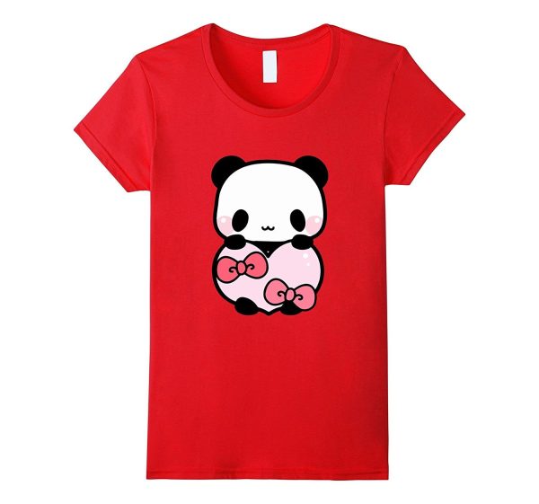 Cute Panda Holding Pink Heart T-Shirt Valentine Gift Ribbon Hot on Sale