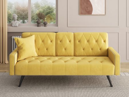 1730 Sofa Bed Armrest with Nail Head Trim with Two Cup Holders 72  Yellow Velvet Sofa for Small Spaces Sale