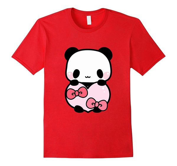 Cute Panda Holding Pink Heart T-Shirt Valentine Gift Ribbon Hot on Sale