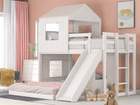 Wooden Twin Over Full Bunk Bed, Loft Bed with Playhouse, Farmhouse, Ladder, Slide and Guardrails, White(OLD SKU :LT000028AAK) For Sale