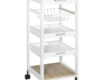 HOMCOM Mobile Kitchen Cart, Rolling Kitchen Island with Storage, Solid Wood Frame Utility Cart with Wire Fruit Baskets, Trays and Drawer, White Cheap